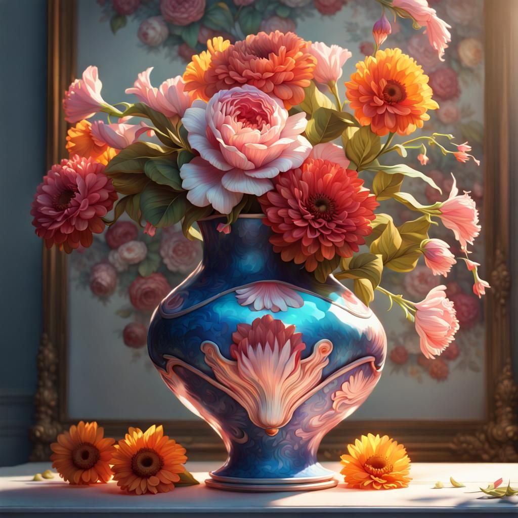 Still life of elaberate flowers in a conch shell vase  head and shoulders portrait, 8k resolution concept ...  by @undefined