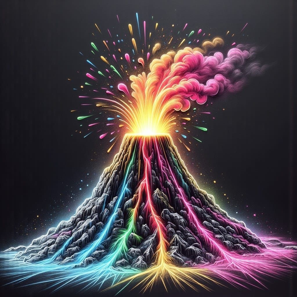 <lora:Chalkify:1.0> Volcano erupting spewing out candy.   Chalk on black paper, powder effect