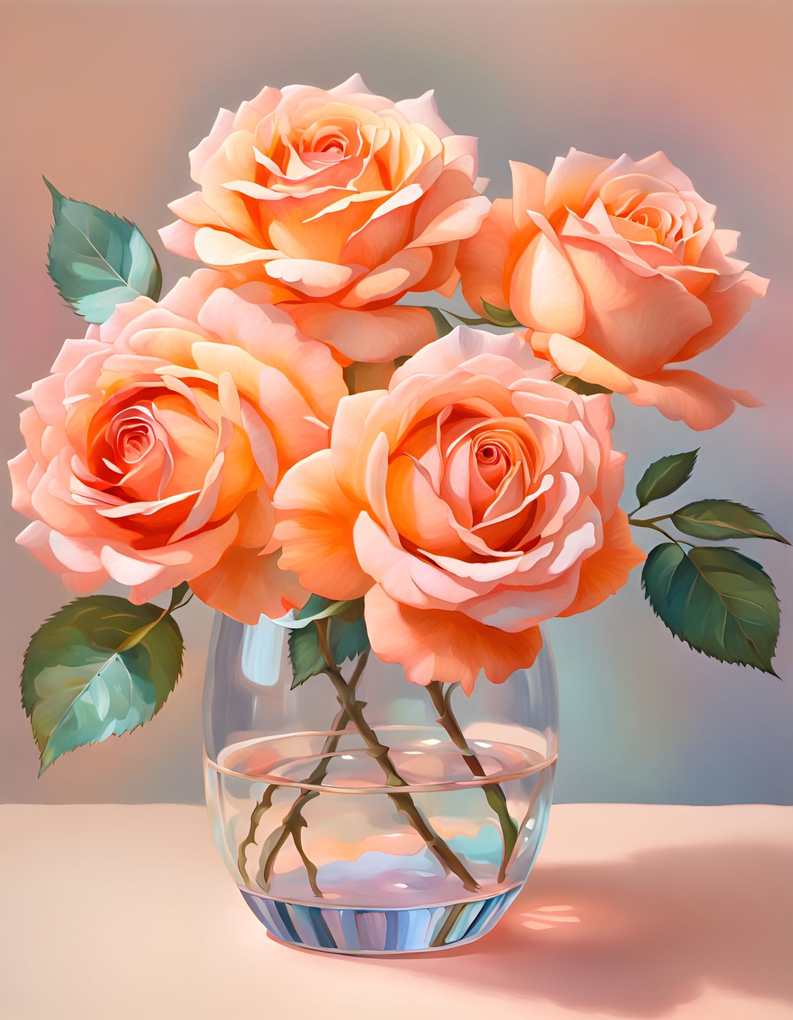 There are four peach colored roses in a glass vase.  by @L Churchward