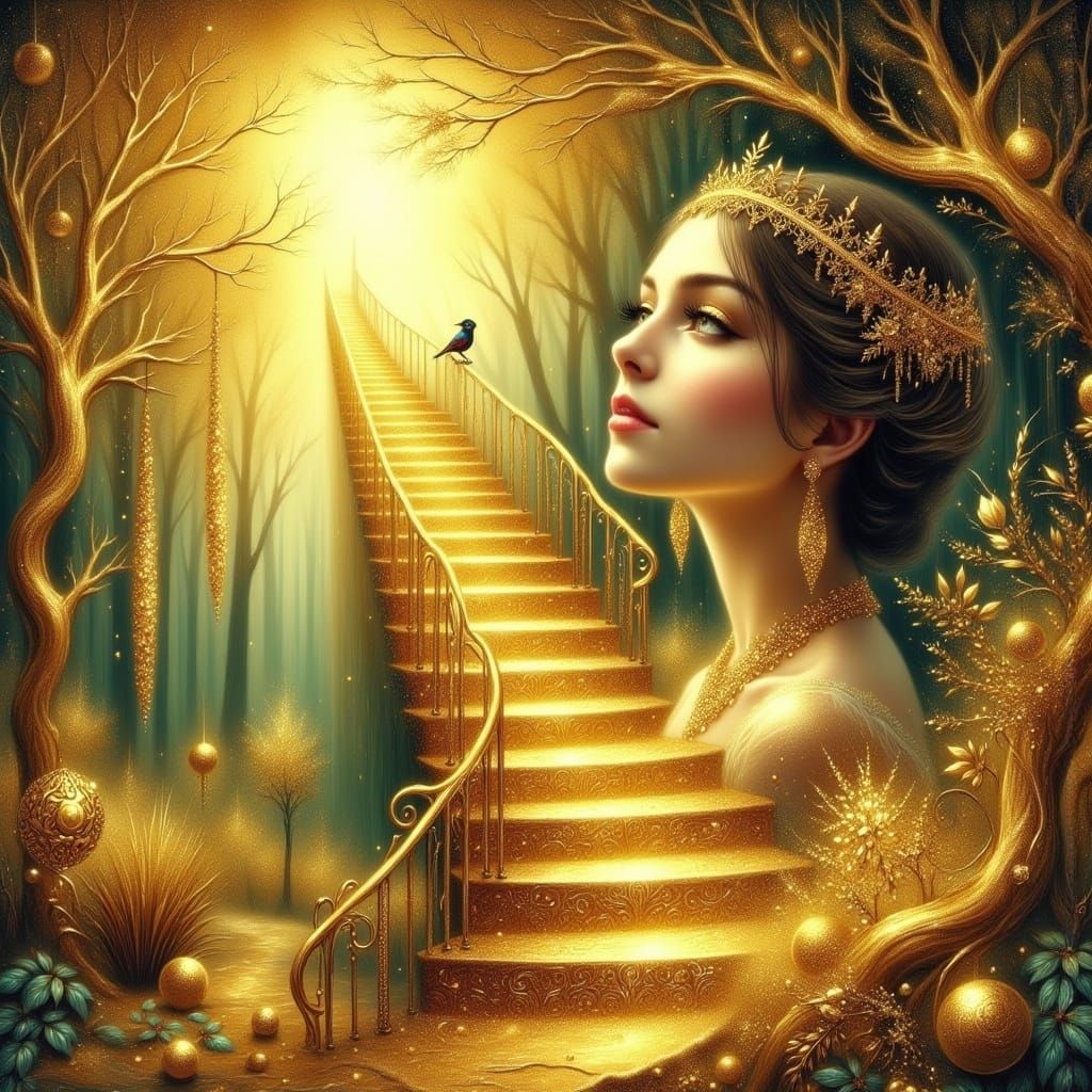 Regal Lady Ascends Stairway to Heaven in Ethereal Light