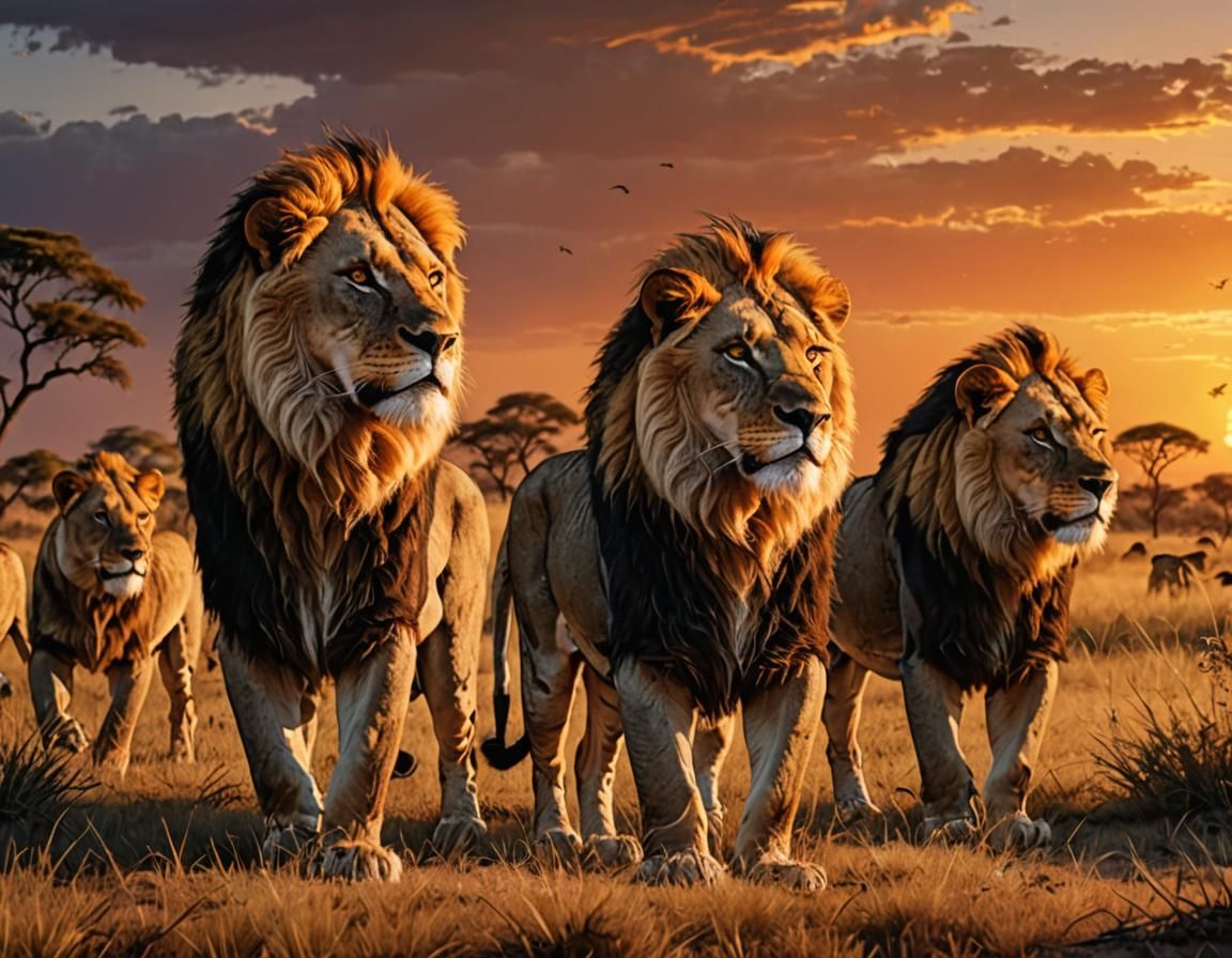 a pride of Lions on the African Savannah at sunset.