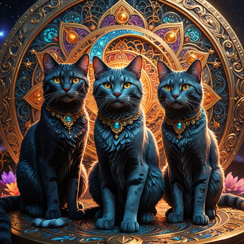 Psychedelic Art Nouveau Cats with Cosmic Mandalas