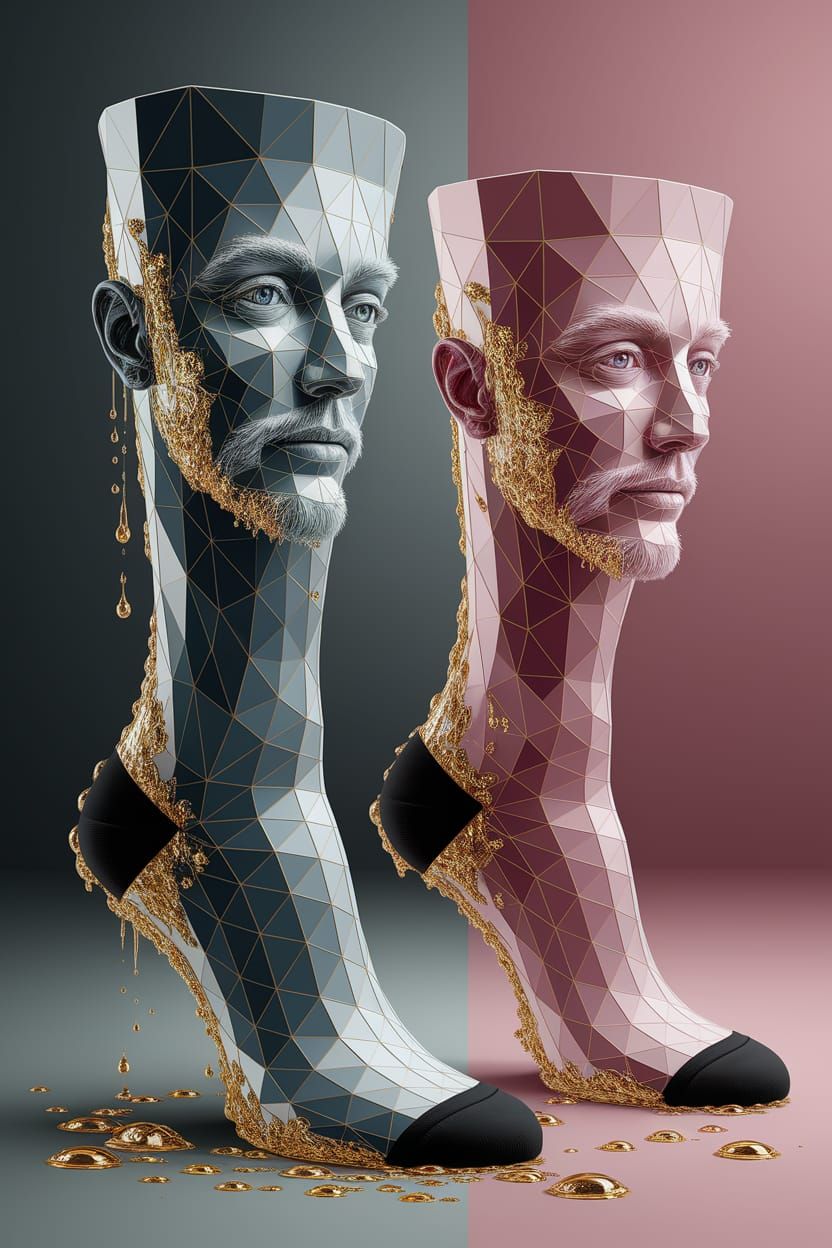 Envision a geometric abstract portrait of two socks, their form dissolving into a kaleidoscope of transparencies and multiple views. The soc...