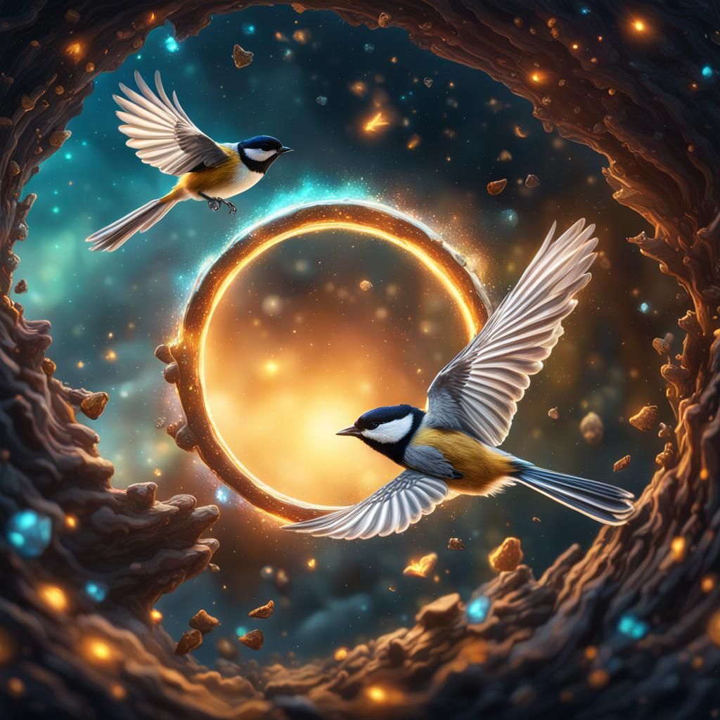 A chickadee flying into another realm portal galaxy stars Hy...