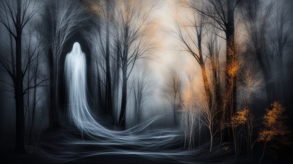 abstract mixed media composition : ghosts in a haunted forest, sinister use of color evoking a nightmarish atmosphere, the lighting is dark ...