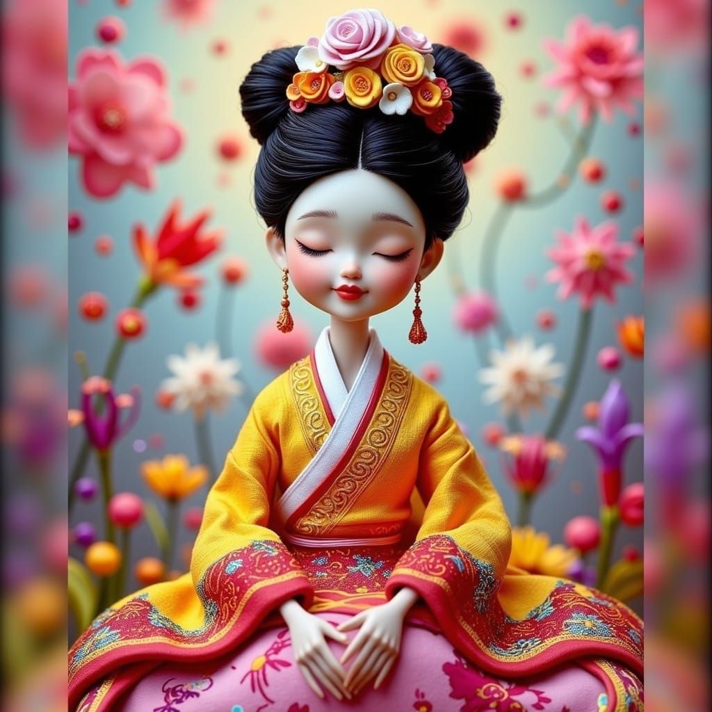 <lora:DOLL-LIKE CHARACTERS:1.0> a tall and slender cute doll like character, ethnic clothes, fancy hair, painting a picture among flowers, b...