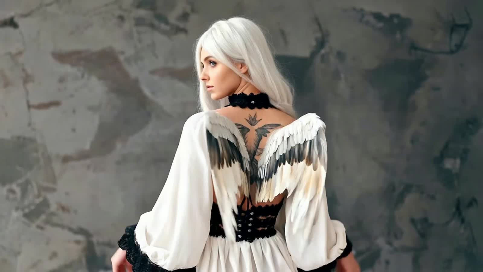 A woman with long snow white hair and a tattoo of a birds wings on her back, growing wings, life-like, photo hyper reali...