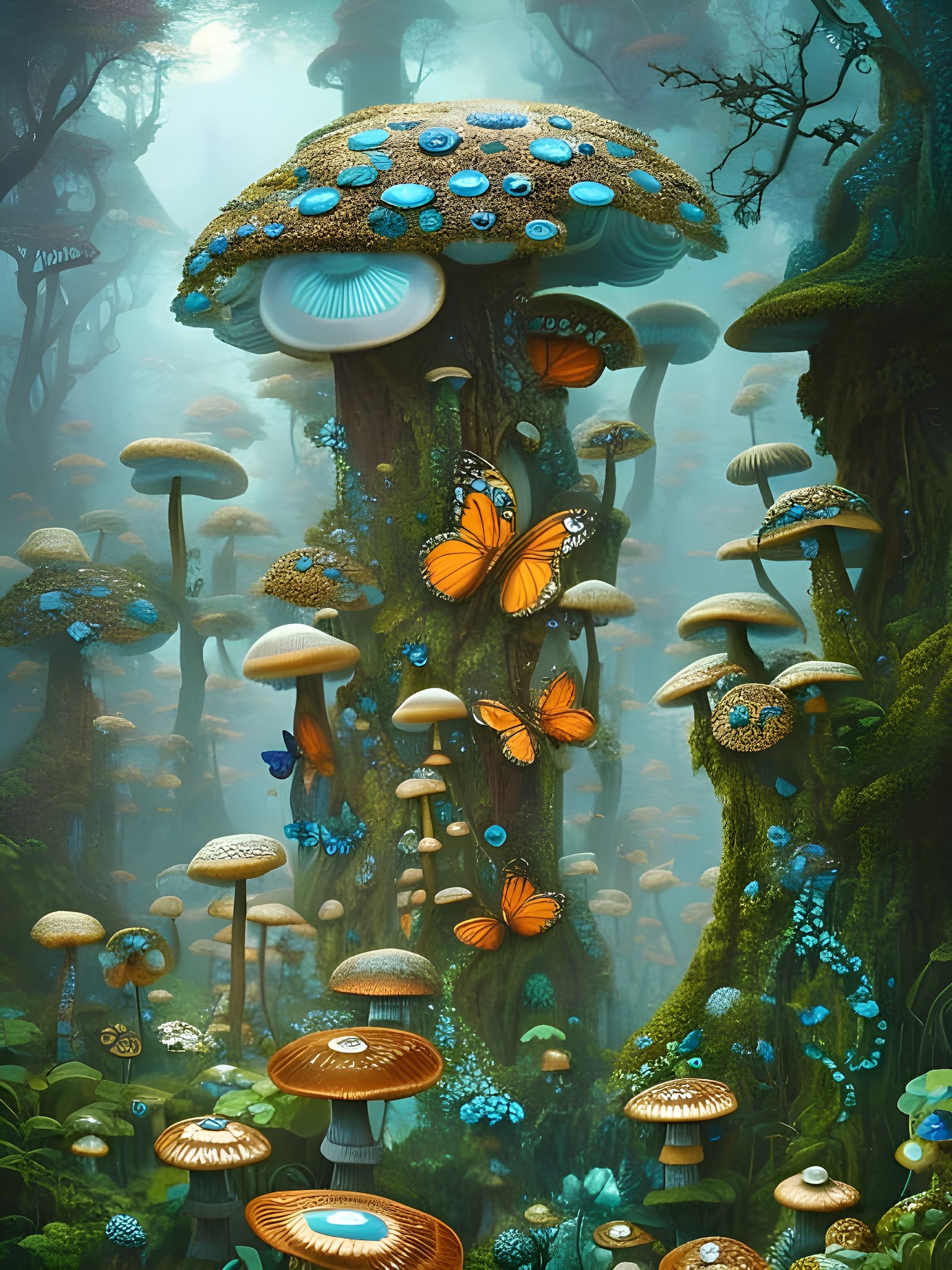 Beautiful butterfly fairy mushroom village in the forest   by @jenga