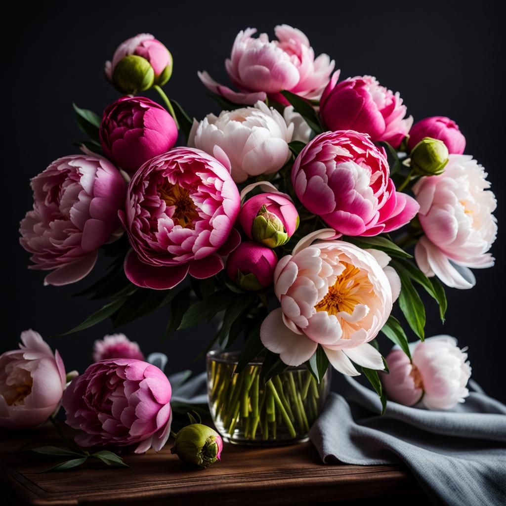 Bouquet of peonies  different colors, classical style,