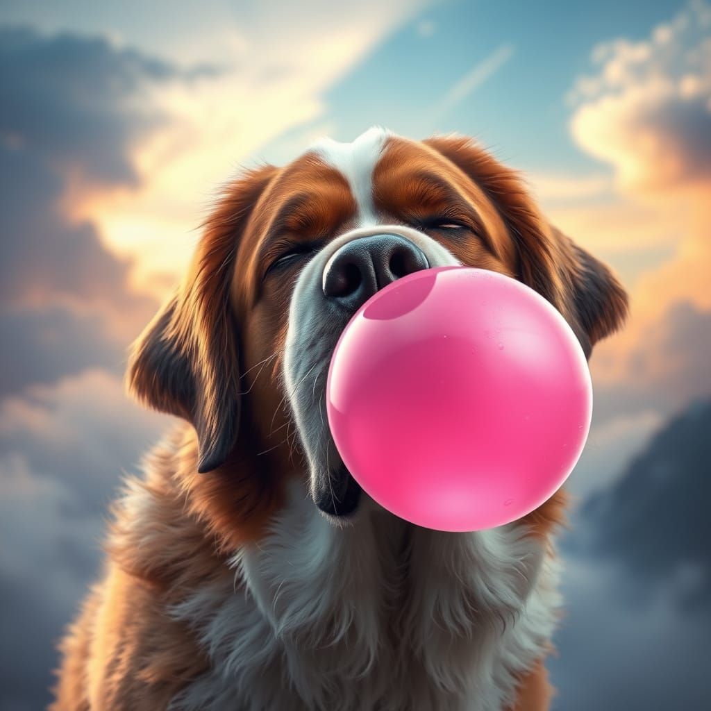 St. Bernard blowing a pink bubble gum. Surreal hyper realistic cinematic photo  by @undefined