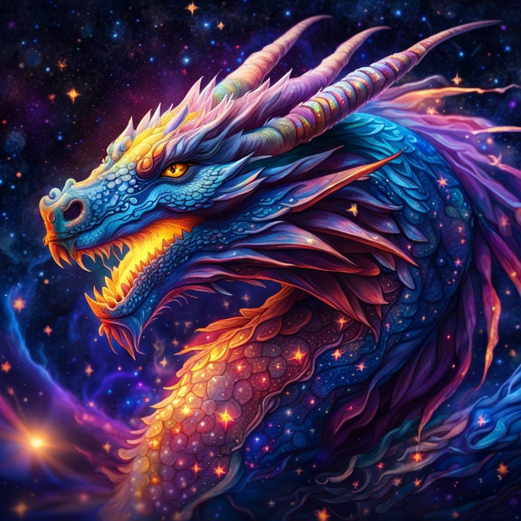 Epic dragon flys through the air under stars as he breaths fire - AI ...