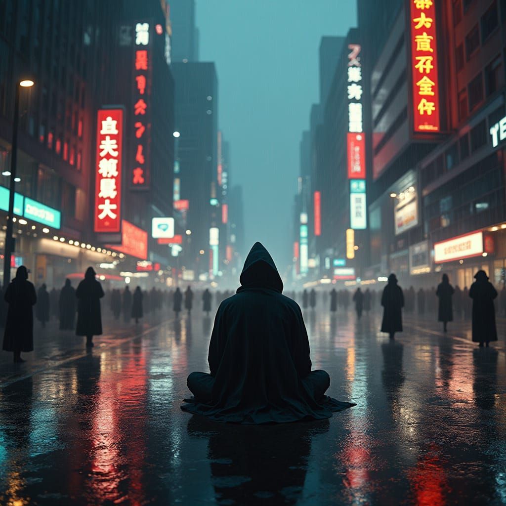 A lone, cloaked monk meditating within a bustling, futuristic metropolis at dusk. Towering skyscrapers adorned with glow...