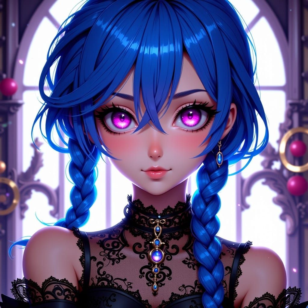 <lora:Anime Girls:1.0> anime, blue braided hair, pink eyes, black lace dress, dieselpunk,