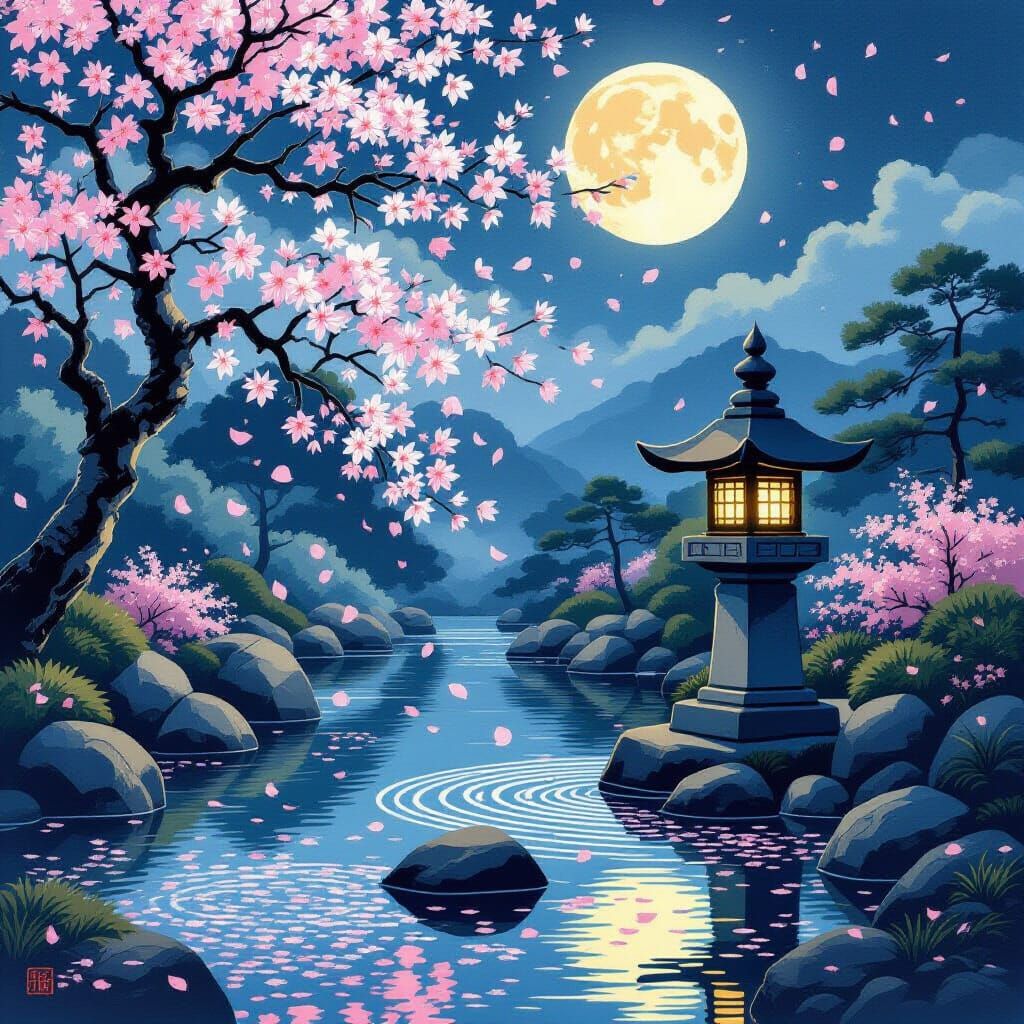 A serene, moonlit Japanese garden with cherry blossoms falling onto a tranquil koi pond. A single, ancient stone lantern casts a soft glow o...