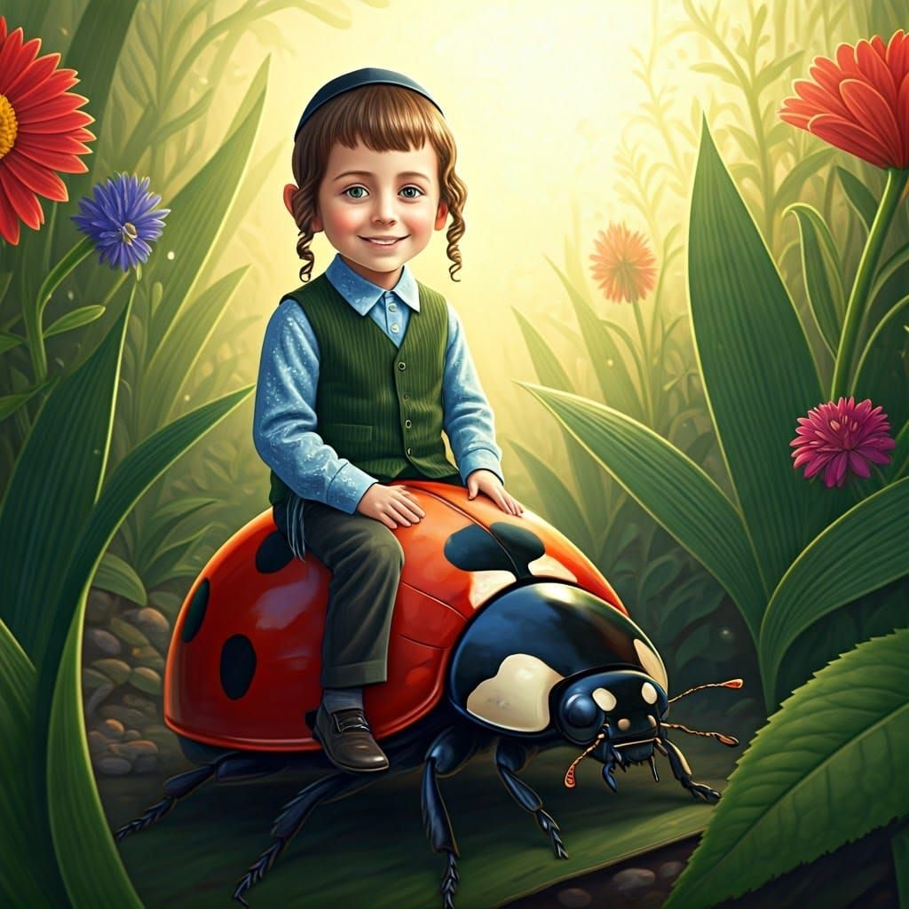 Young Hasidic Boy Rides Joyfully on a Massive Ladybug in a W...