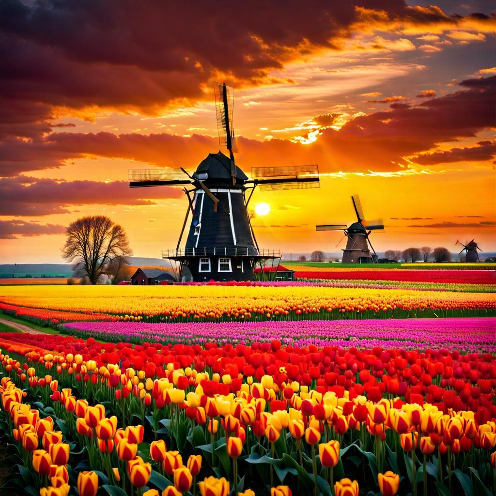 A picturesque scene of a traditional windmill standing tall in a vast ...