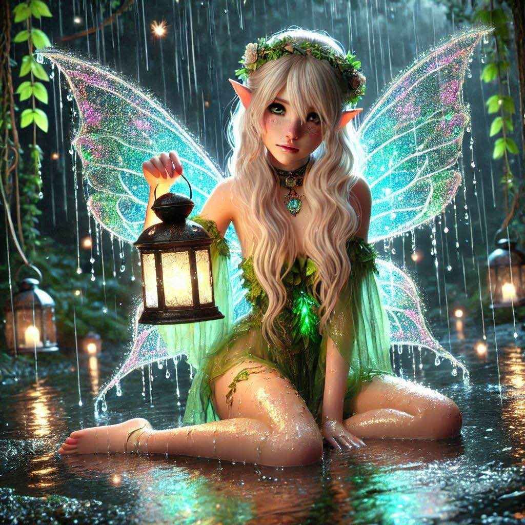 Blonde Fairy in the Rain