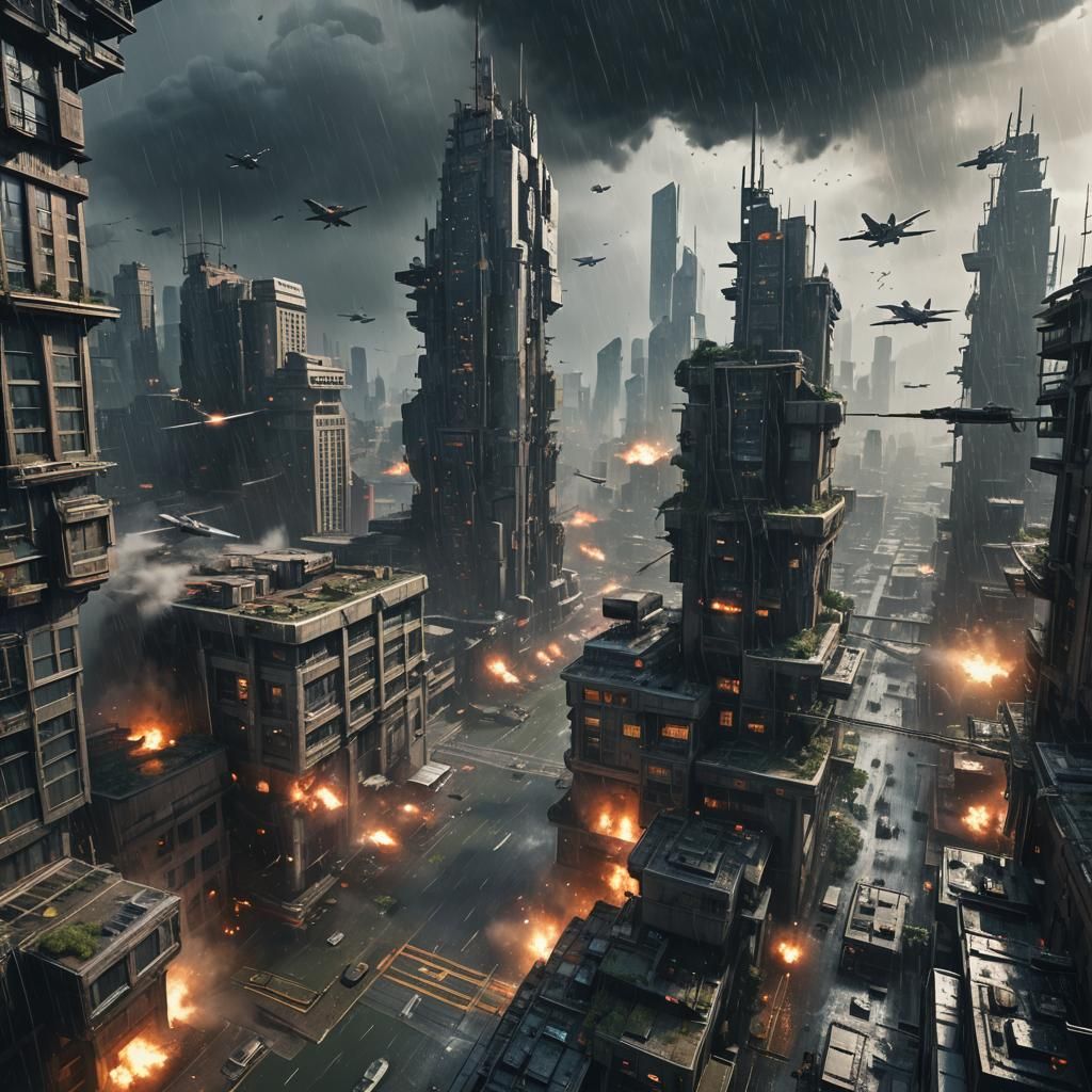 a futuristic city with many skyscraper being bombed by many ...