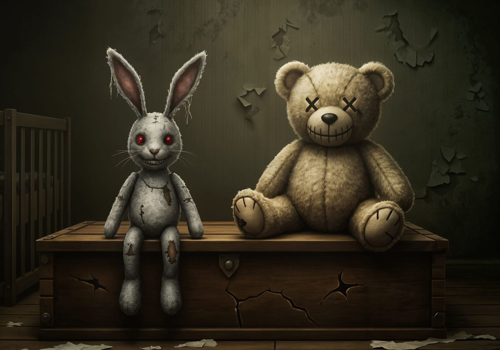 (A moth-eaten teddy bear with x’s for eyes grins maliciously) sitting next to (a threadbare rabbit with ...  by @morr5750
