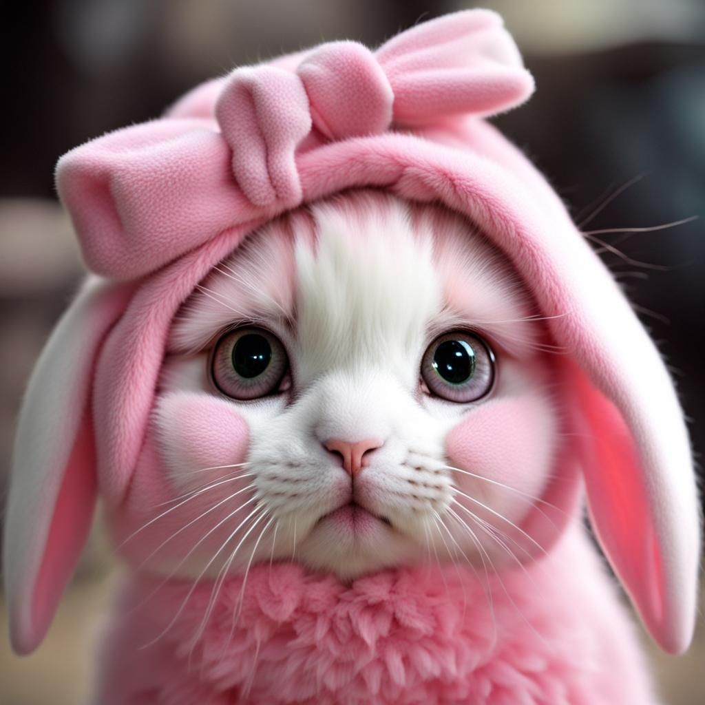 Pink Bunny x kitty hybrid, cute, big eyes, 