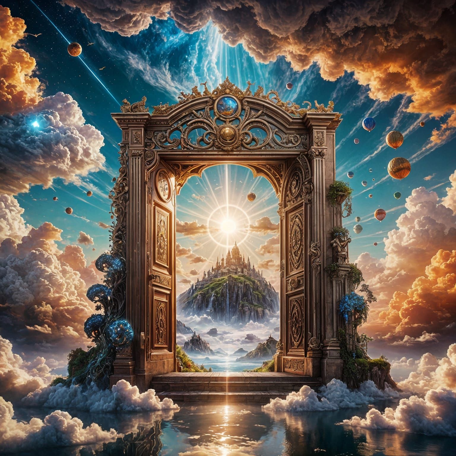 A floating door hangs suspended in the sky, surrounded by swirling clouds and rays of sunlight. The door is wide open, revealing a glimpse o...