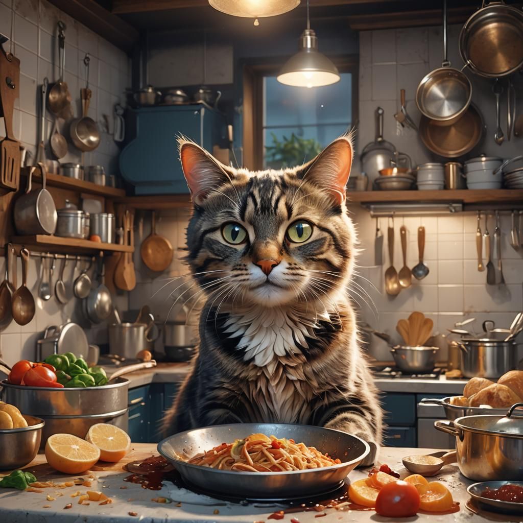 Cat cooking in a home kitchen