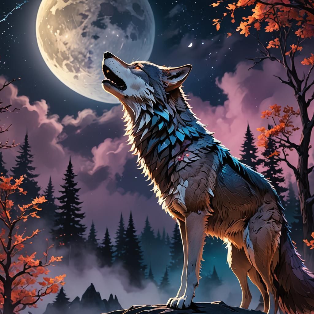 Wolf Howling at Moon in 3D Anime Style