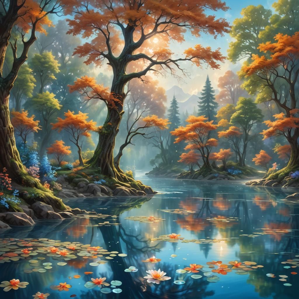 Breathtaking River Reflection in Fantasy Oil Painting Style