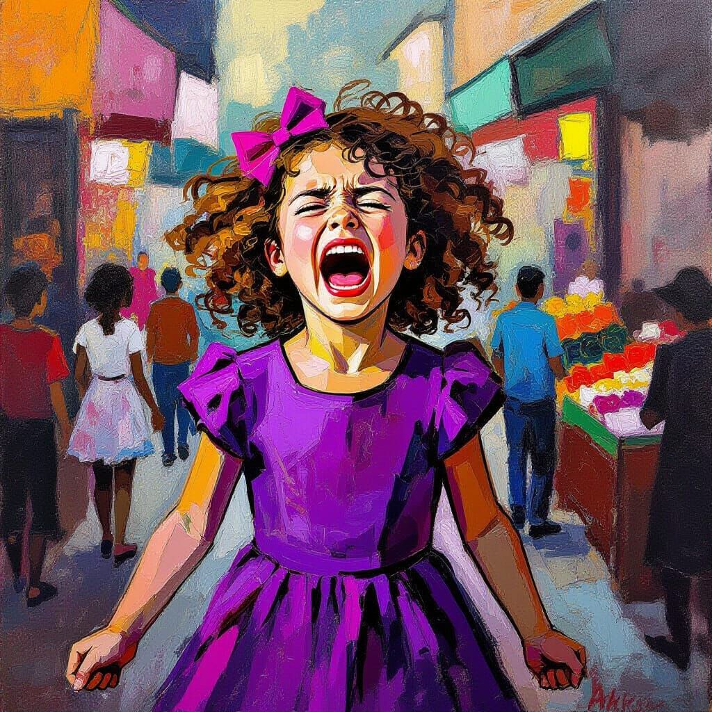 Expressive Girl Screaming in Crowded Market