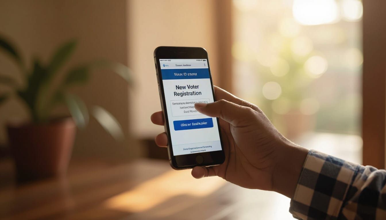 Prompt for 1920x1080 thumbnail image:
A close-up smartphone screen showing an official government website for voter ID application. A hand h...