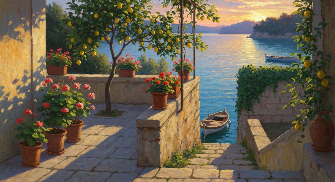 A serene, sunlit terrace adorned with vibrant geraniums and lemon trees, overlooking a tranquil Mediterranean ...  by @Andy Pilgrim