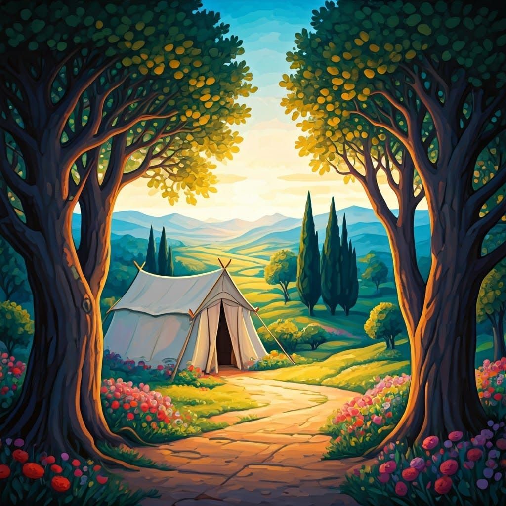 Tents of Jacob in Lush Landscape, Dreamy Folk-Art