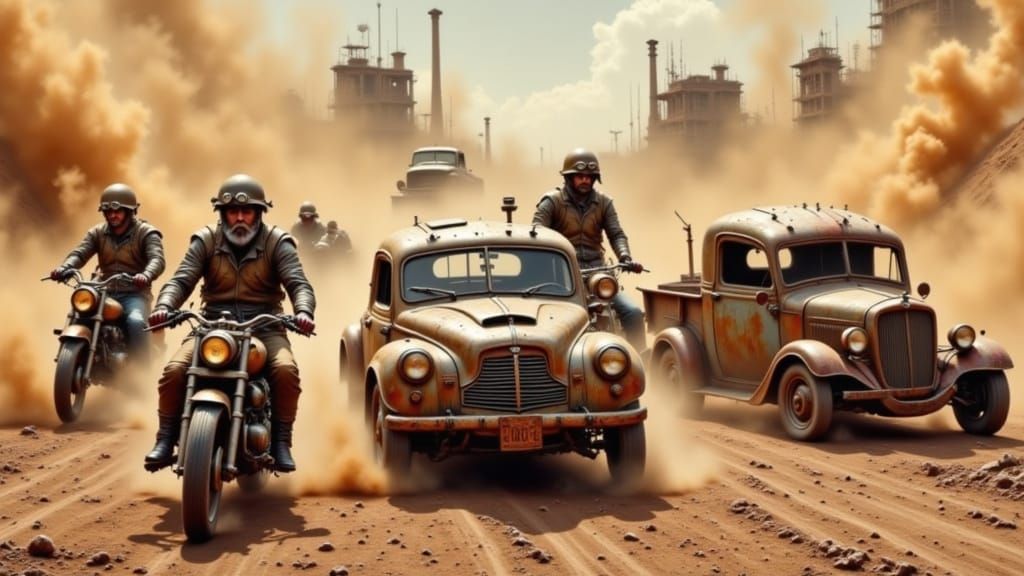 An army of weathered, battle-hardened warriors, clad in tattered, earth-toned leather armor, old army helmets, and goggles ride into a post-...