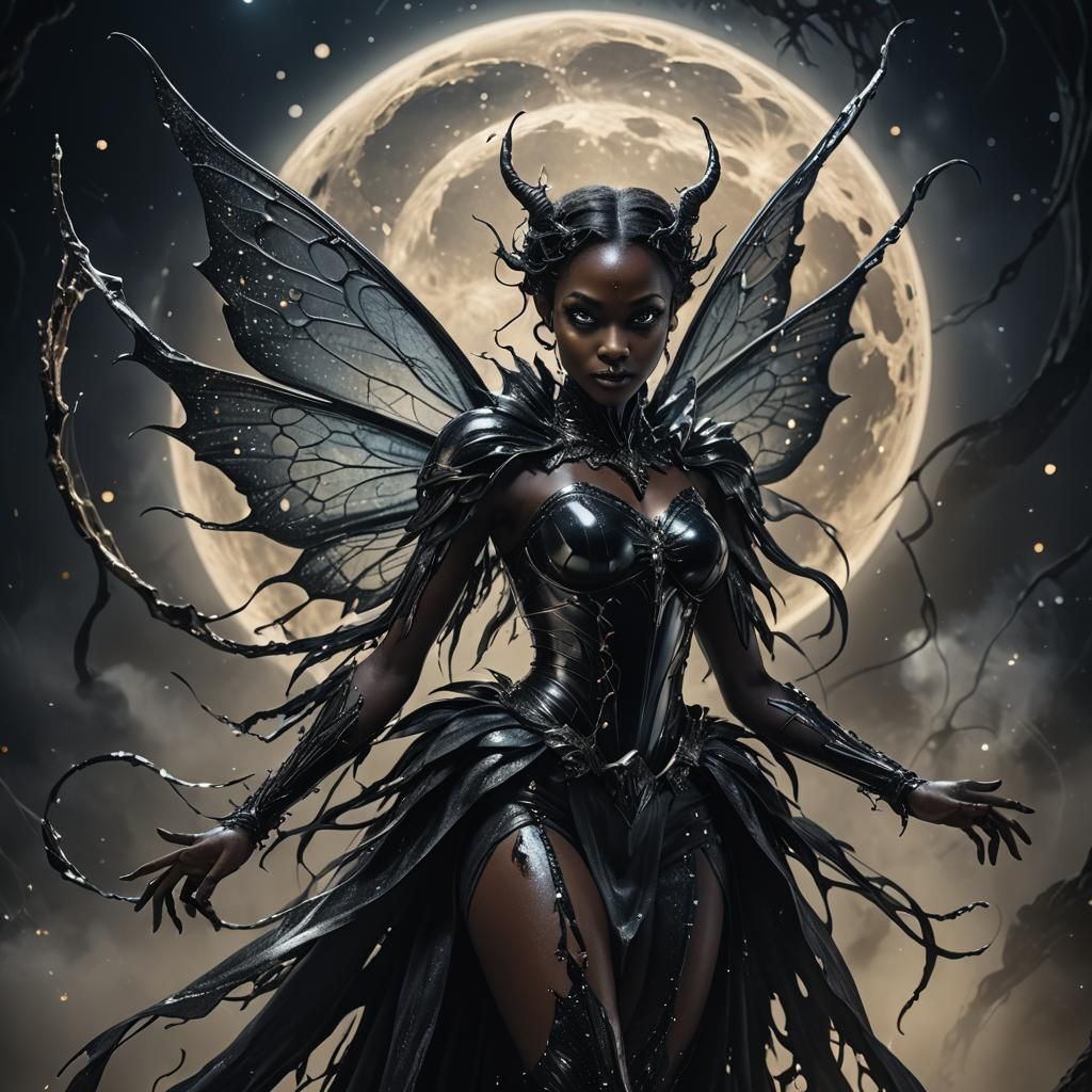 a glowing black fairy of the moon hybrid, in a liquid sinister background, shot on Hasselblad H6D-400c ...  by @EowElysion