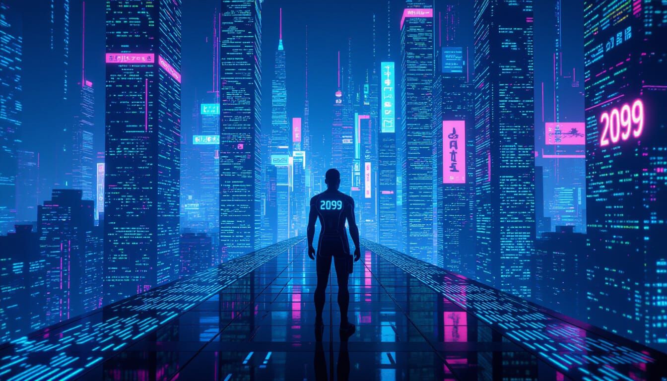 Futuristic Code Cityscape with Digital Entity in Cyberpunk S...