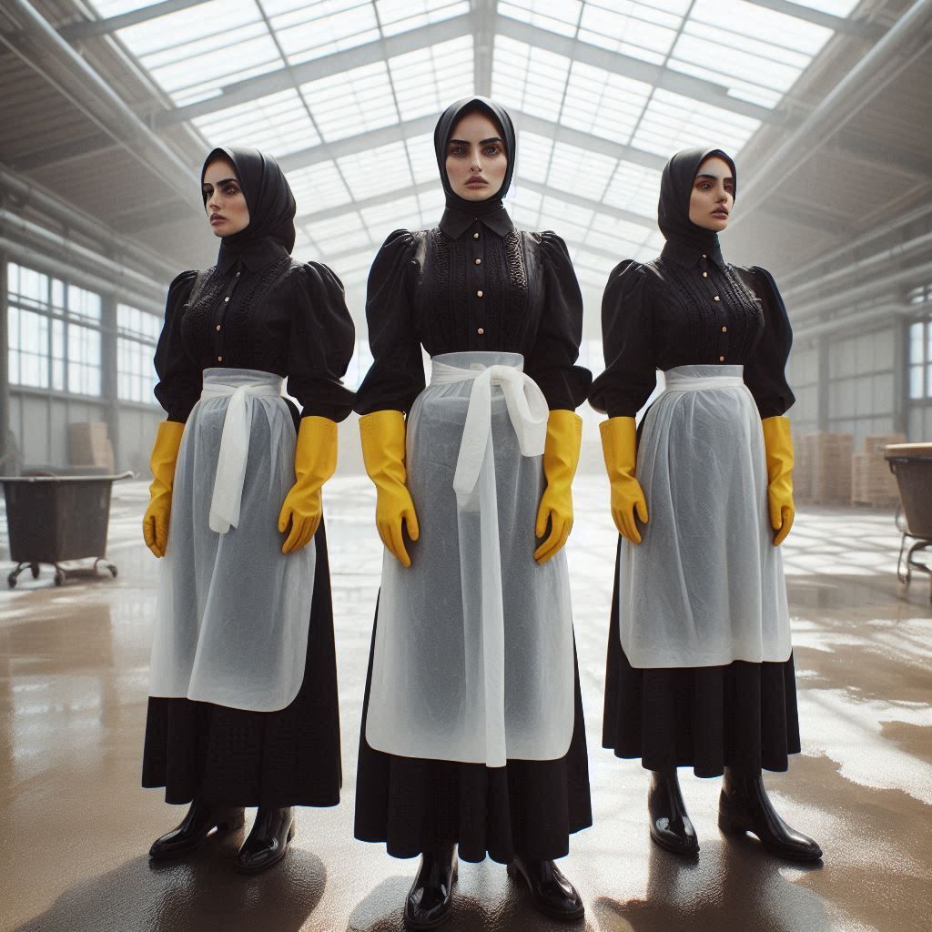 Three 25 year arabic women with tired and stoic facial expressions that are preparing to clean a warehouse with a dusty ...