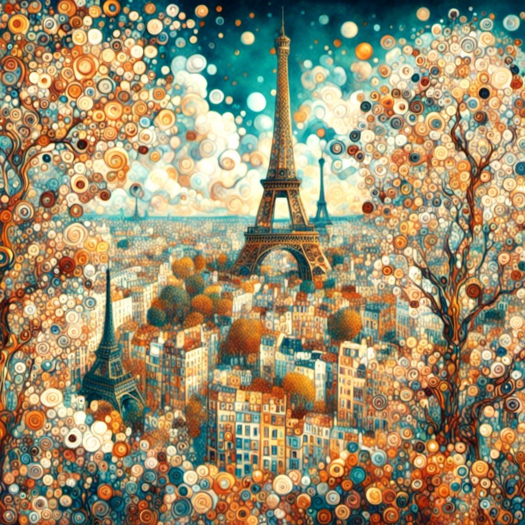 <lora:GustavKlimt1XL:1.3> Paris quarter Eiffel tower trees flowers colorful 