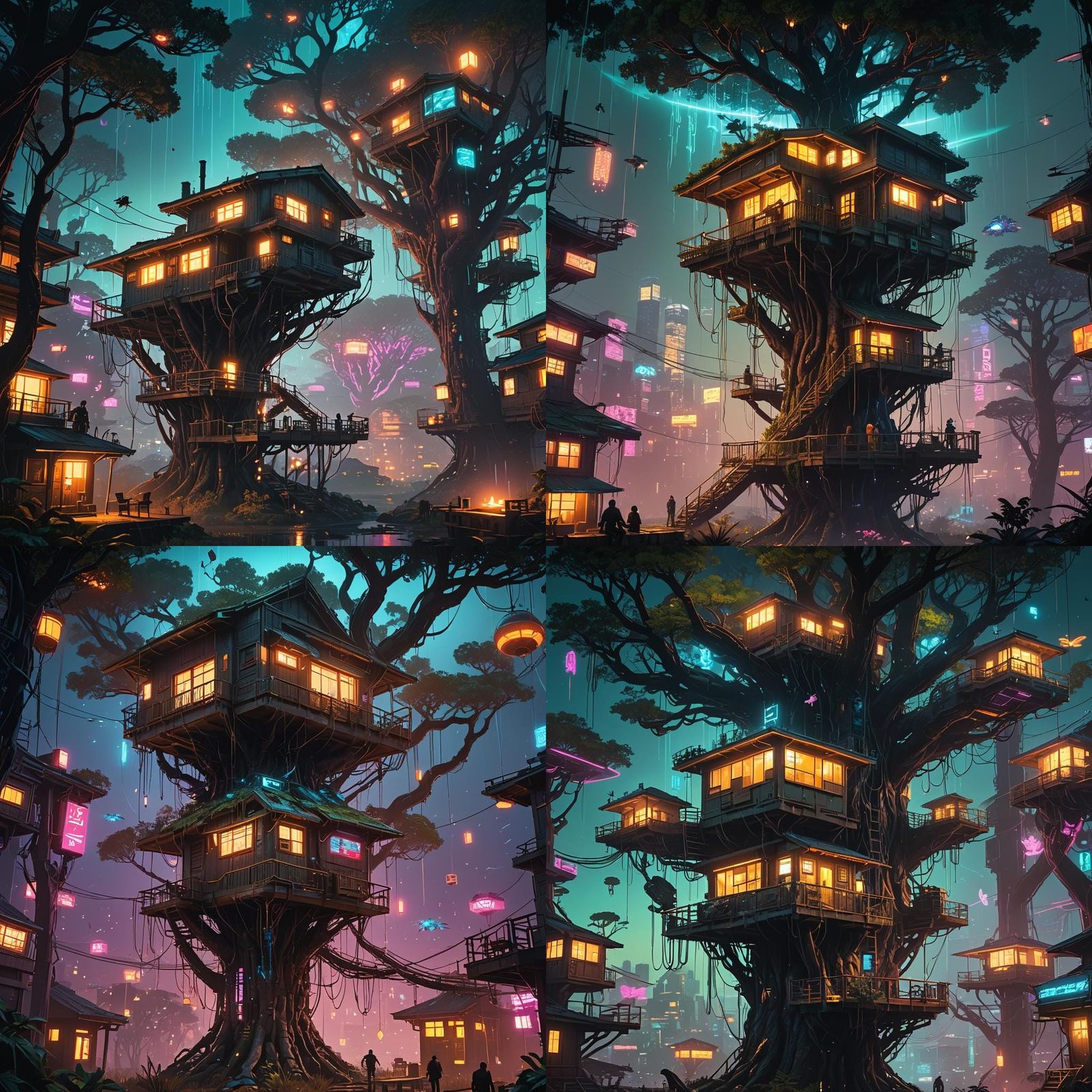 a tree house surrounded by small bioluminescent insects cres...