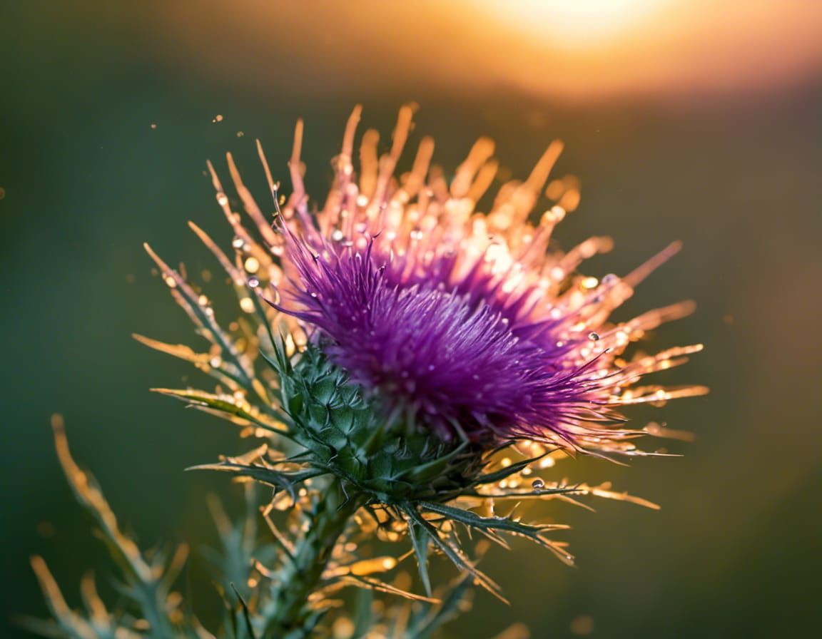 <lora:Double Photoreal v1:1.0> hyperrealistic macro shot of a thistle blooming at sunrise, shallow depth of field, sun rising behind the blo...