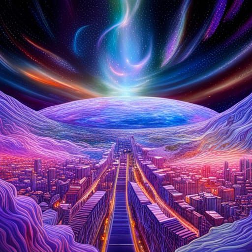 City on the Rings of Saturn 8k resolution holographic astral...