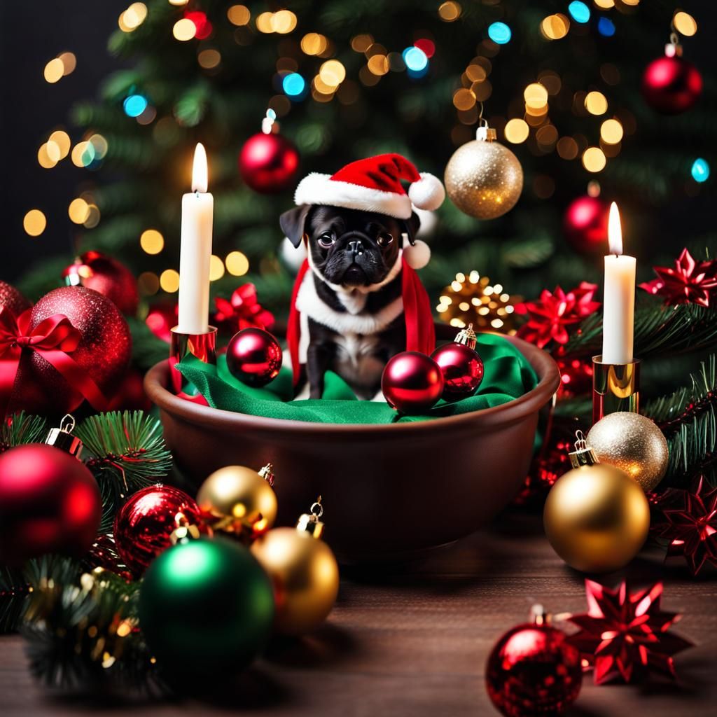 Cute little black pug celebrating christmas holidays