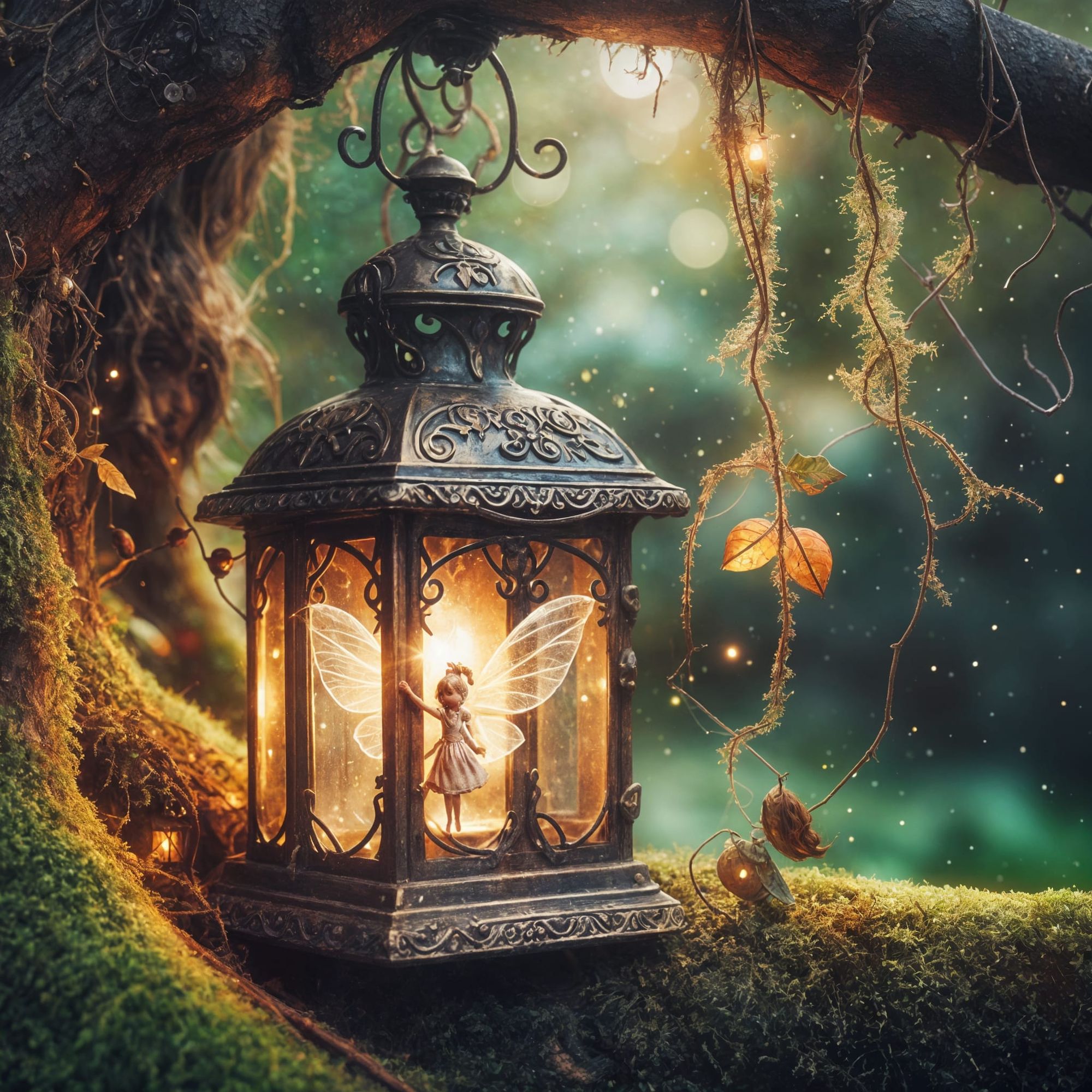 A vintage magical lantern hanging from a tree with a tiny fairy shining inside