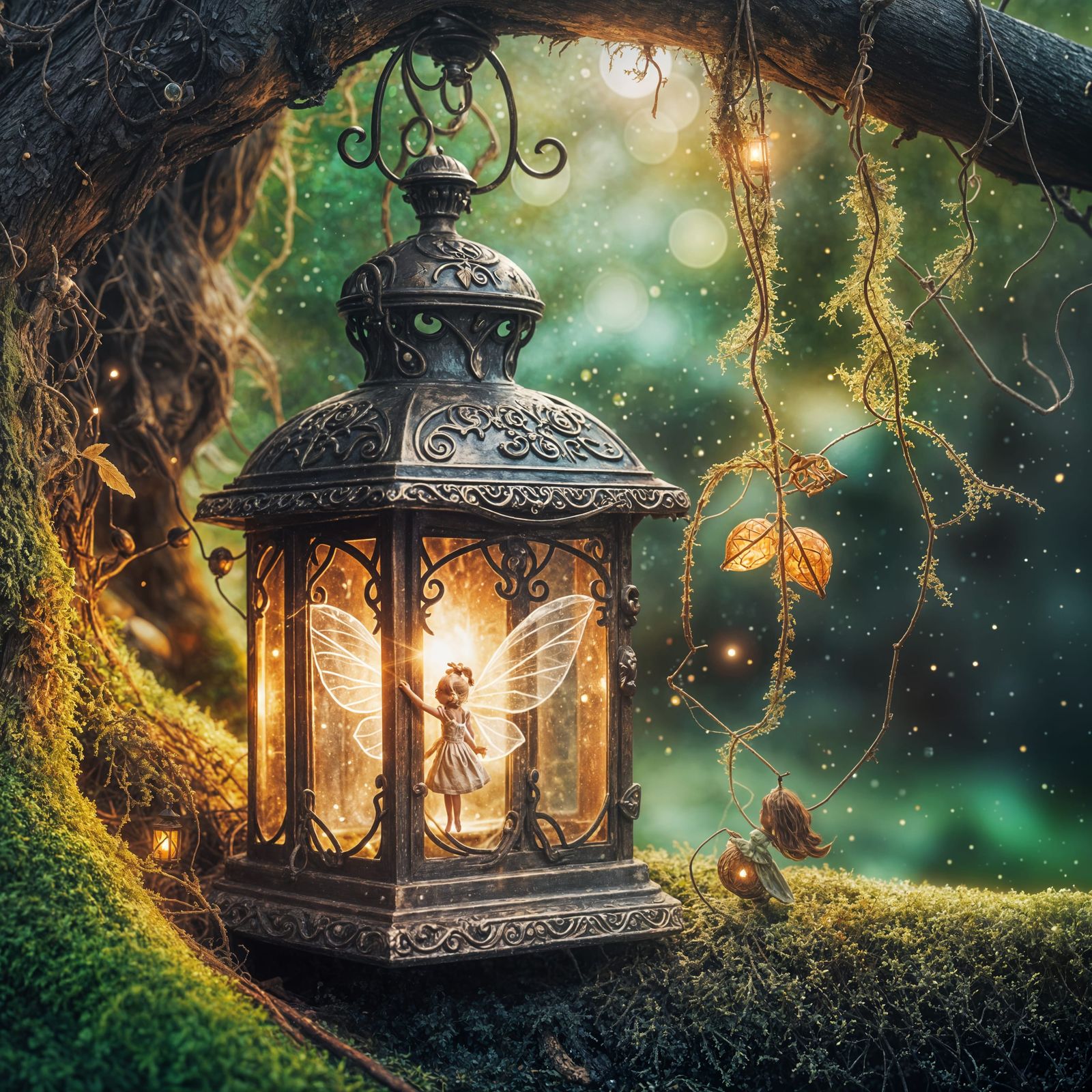 A vintage magical lantern hanging from a tree with a tiny fa...