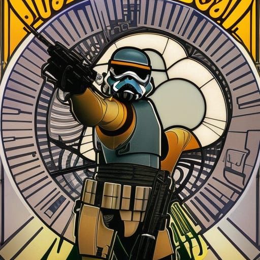 stormtrooper cleaning windows in style of alphonse mucha adv...