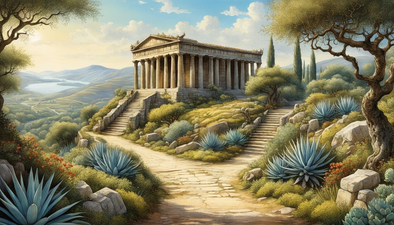 Greek Hillside Illustration in Alcohol Ink Style