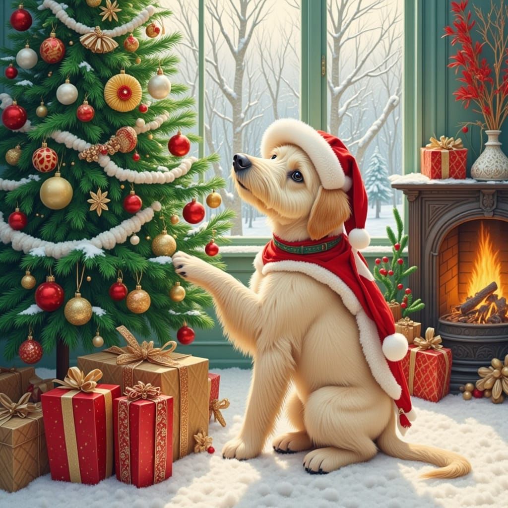 Labrador Puppy and Christmas Tree by Fireplace