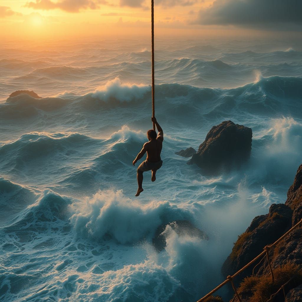 Figure on Rope Above Stormy Sea, Fantasy Art