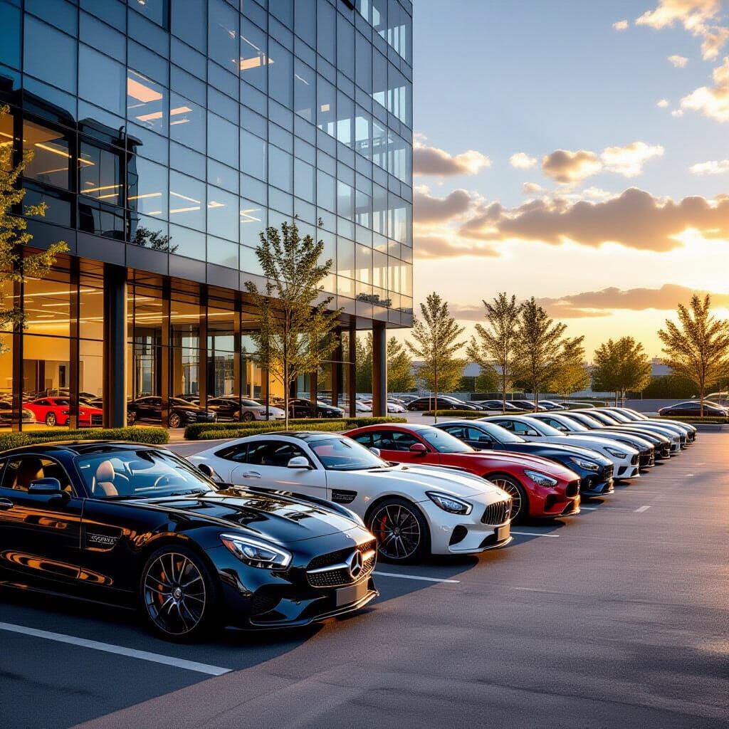 Luxury Cars and Modern Office Tower at Golden Hour