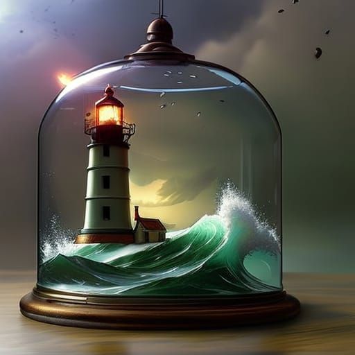 A lighthouse in stormy ocea inside of a glass cloche, splash...