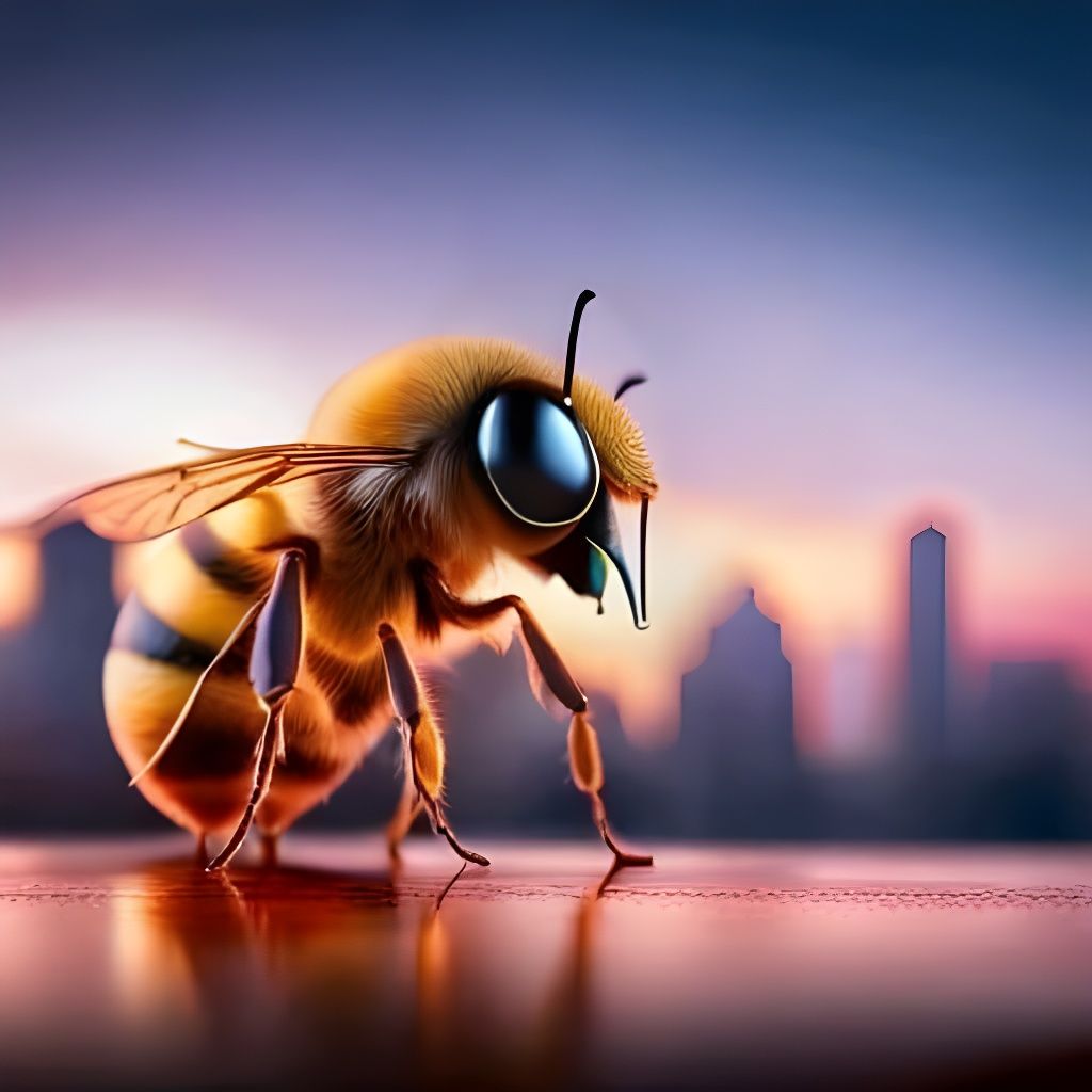 A macro shot of a bee on a wooden surface, cityscape in the background.   by @Hintero